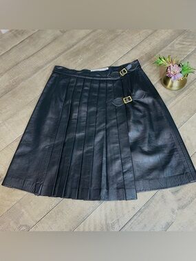 Vintage Erez Levy Black Leather Pleated Kilt Wrap Mini Skirt Punk Goth - Size 6